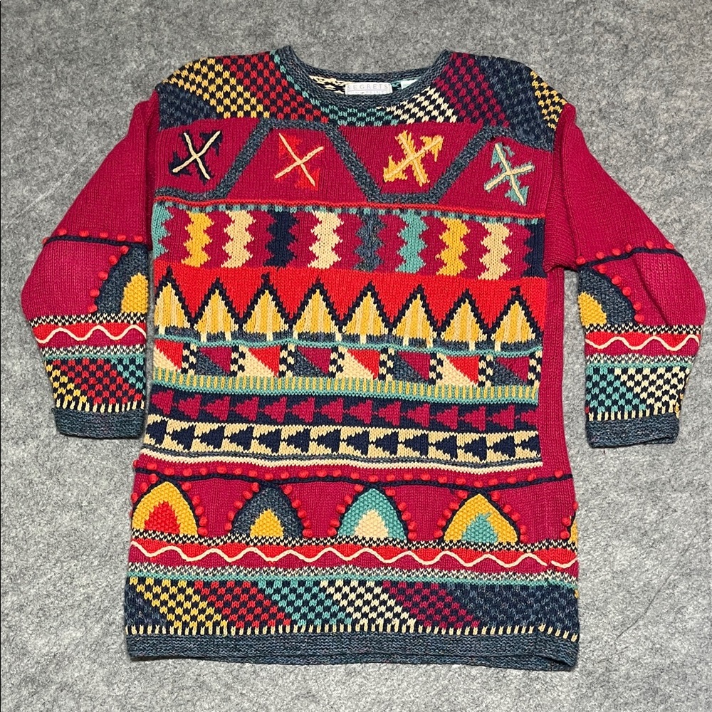 Vintage Bright Geometric Popcorn Stitch Handknit Sweater